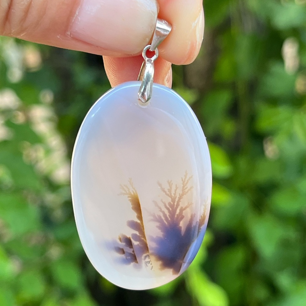 Sterling silver oval shape dendritic tree agate pendant 1277